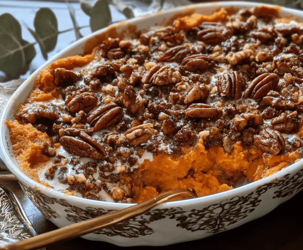 Delicious Southern Maple Sweet Potato Casserole topped with marshmallows and pecans, perfect for holiday dinners.