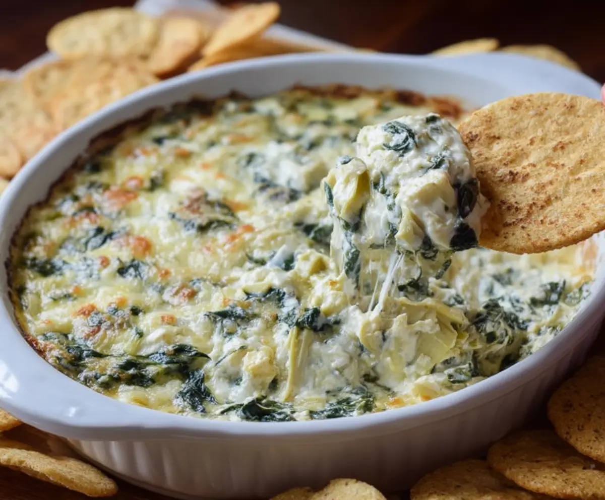Creamy spinach and artichoke dip in a bowl, perfect for gatherings.
