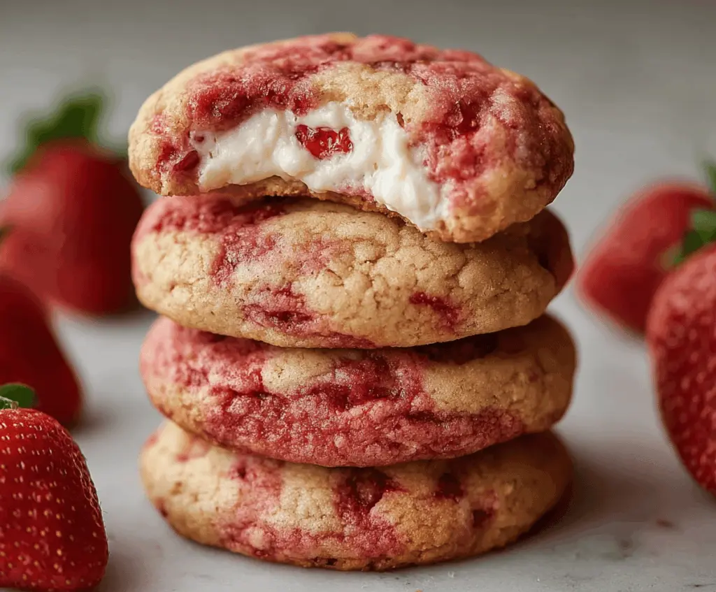 Delicious strawberry cheesecake cookies with fresh strawberries and creamy cheese filling.