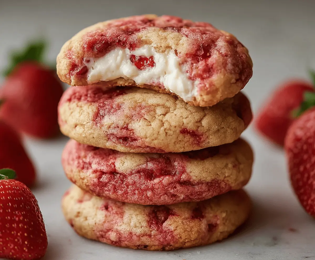 Delicious strawberry cheesecake cookies with fresh strawberries and creamy cheese filling.