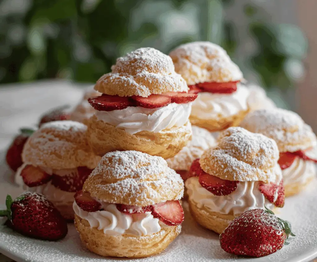 Delicious strawberry cream puffs with fresh strawberries and whipped cream on a dessert plate.
