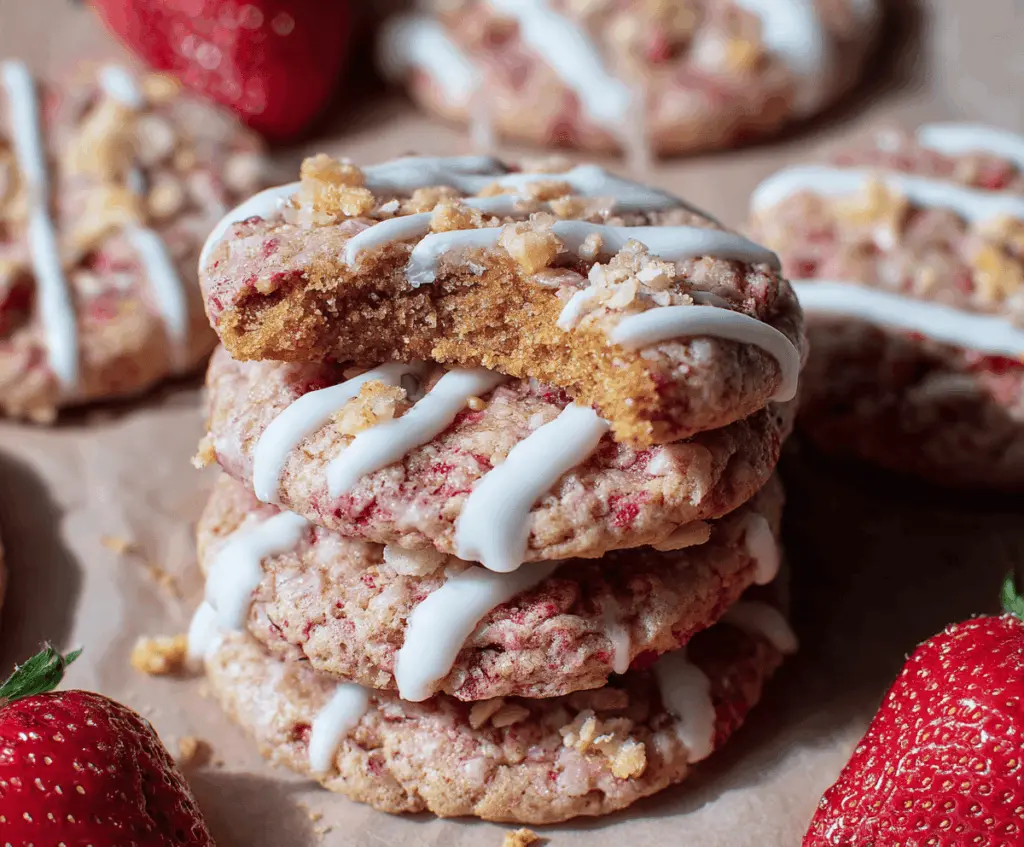 Delicious strawberry crunch cookies with a crispy topping and fresh strawberries on a white plate.