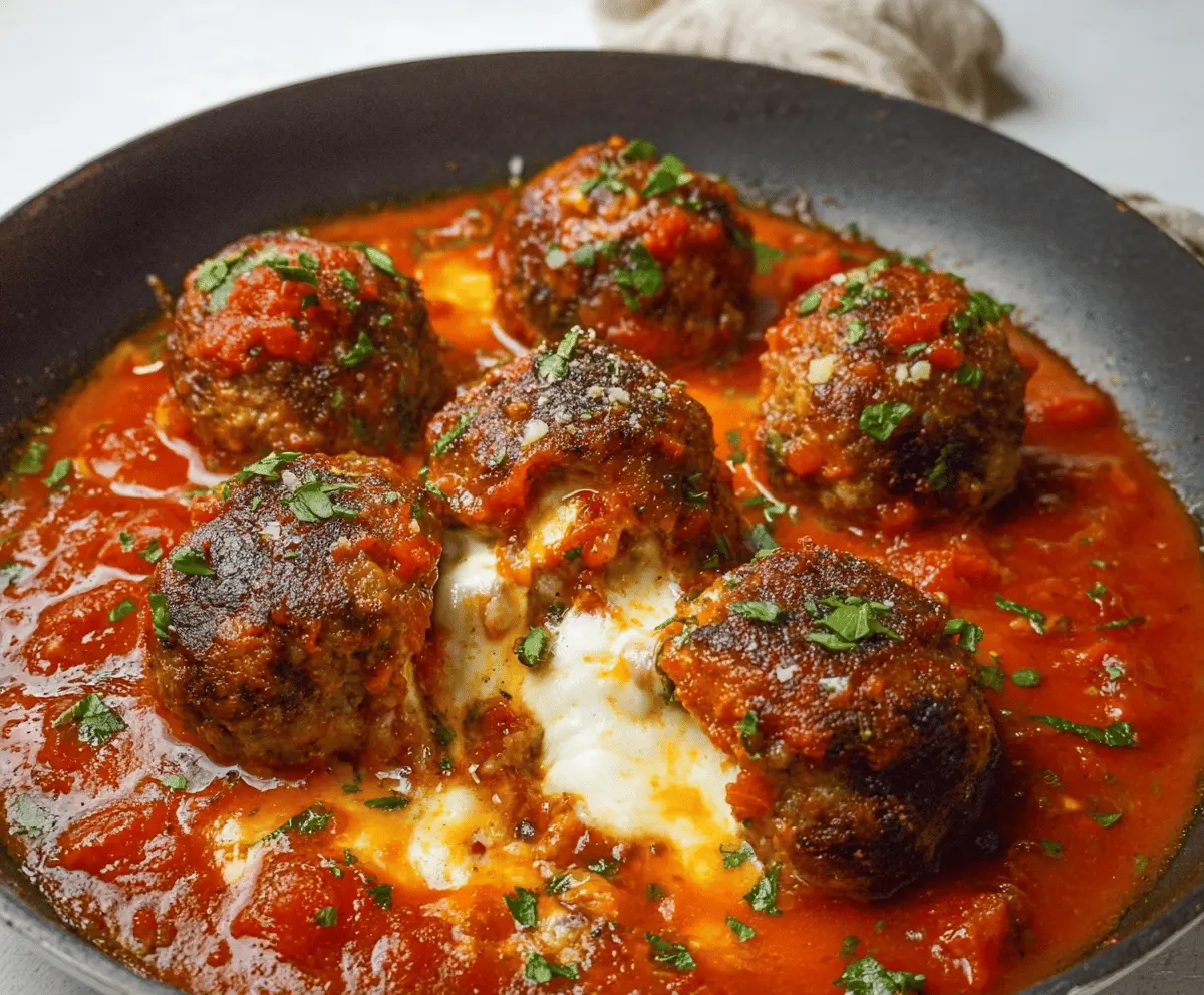 Delicious stuffed meatballs filled with melty mozzarella cheese served on a plate.