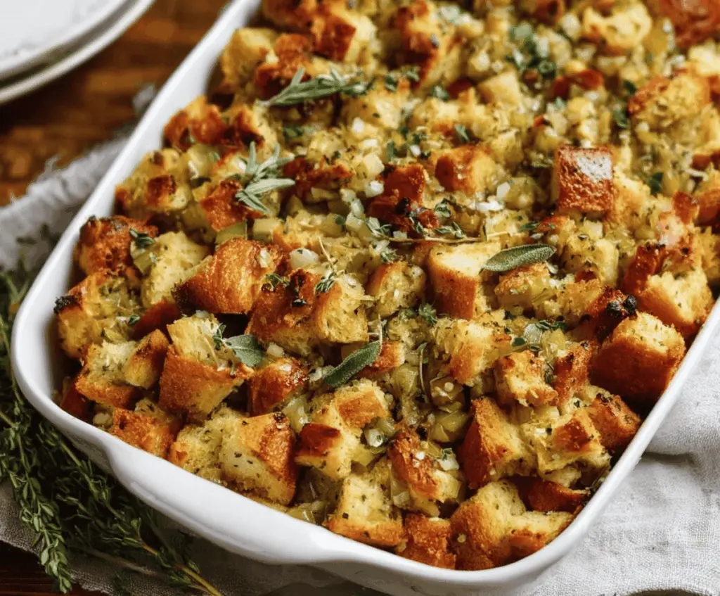 Delicious homemade stuffing recipe for Thanksgiving with herbs and bread cubes.