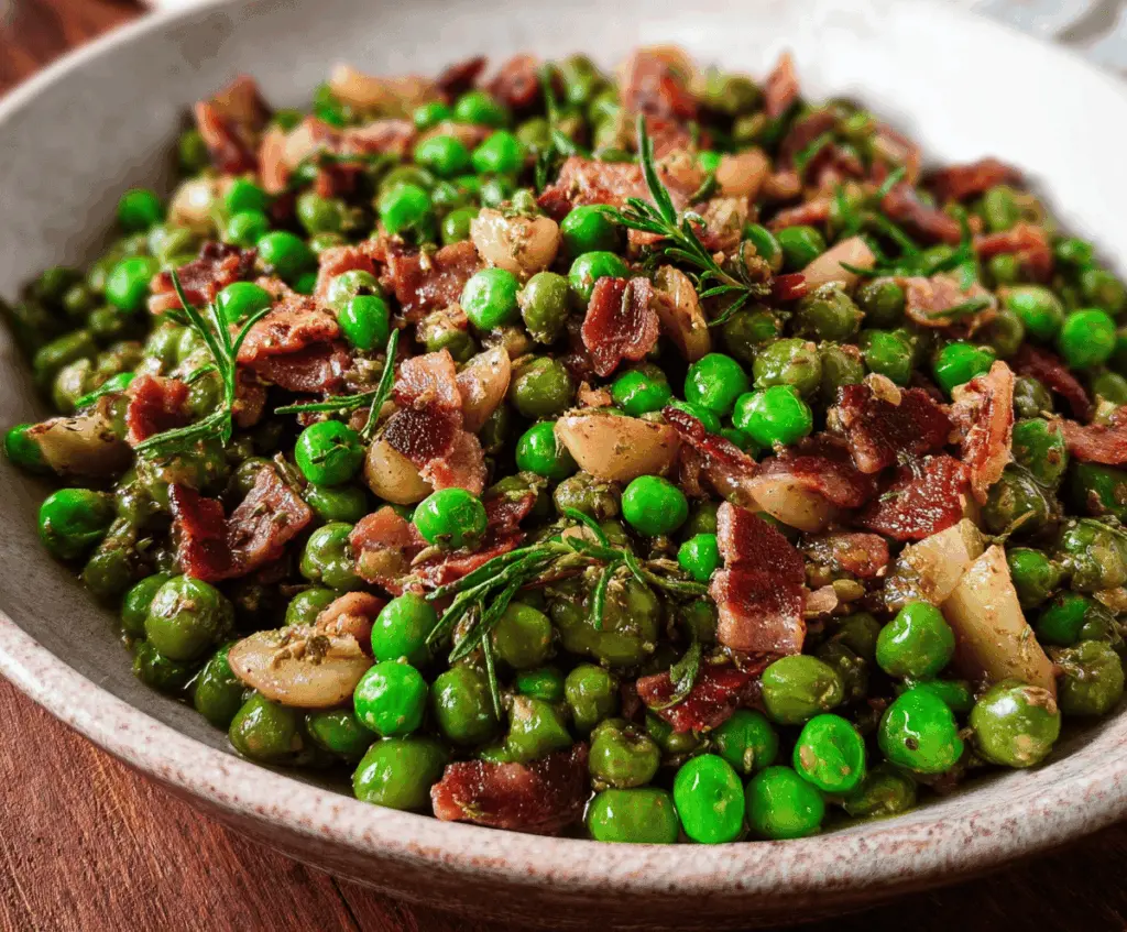 Delicious Thanksgiving peas with pears and crispy pancetta on a festive plate.