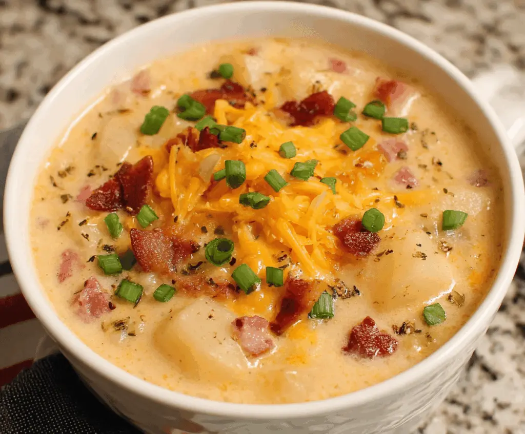 Creamy crockpot potato soup served in a bowl with fresh herbs, perfect for cozy dinners.