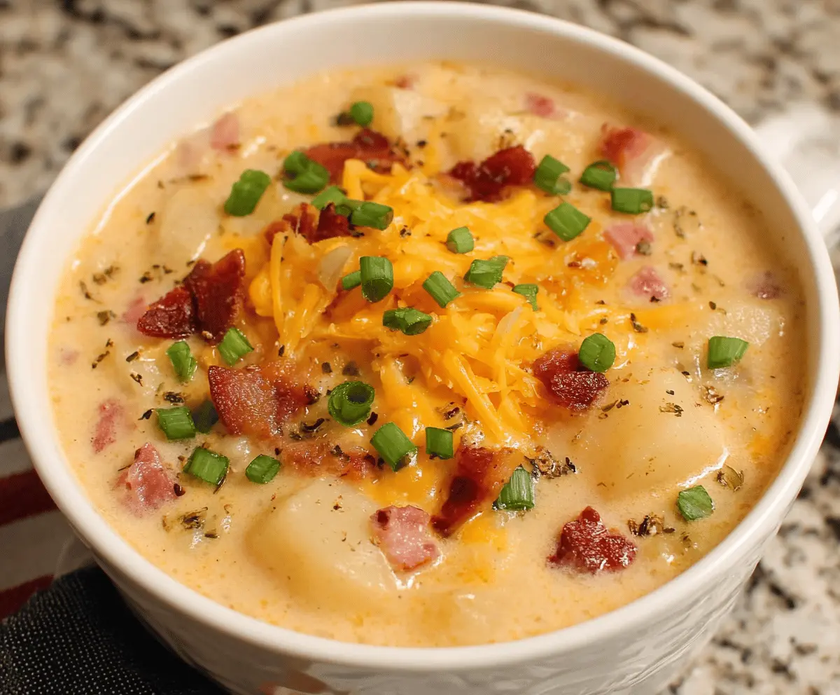 Creamy crockpot potato soup served in a bowl with fresh herbs, perfect for cozy dinners.