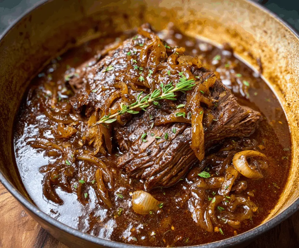 Delicious French onion pot roast with caramelized onions and tender beef in a savory gravy.