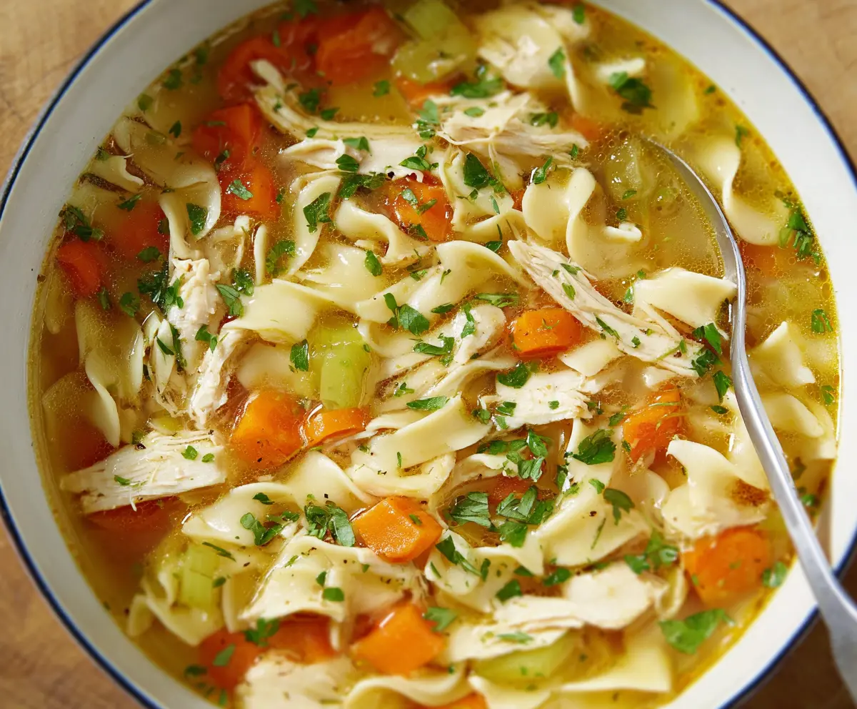 Hearty traditional chicken noodle soup in a bowl with tender chicken, vegetables, and noodles.