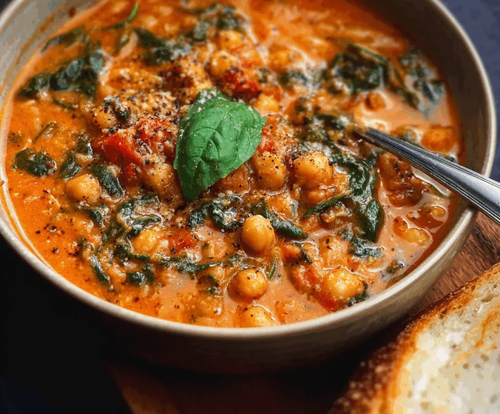 Hearty Tuscan Chickpea Soup served in a rustic bowl with fresh herbs and crusty bread on the side