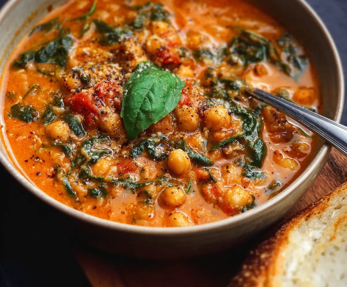 Hearty Tuscan Chickpea Soup served in a rustic bowl with fresh herbs and crusty bread on the side