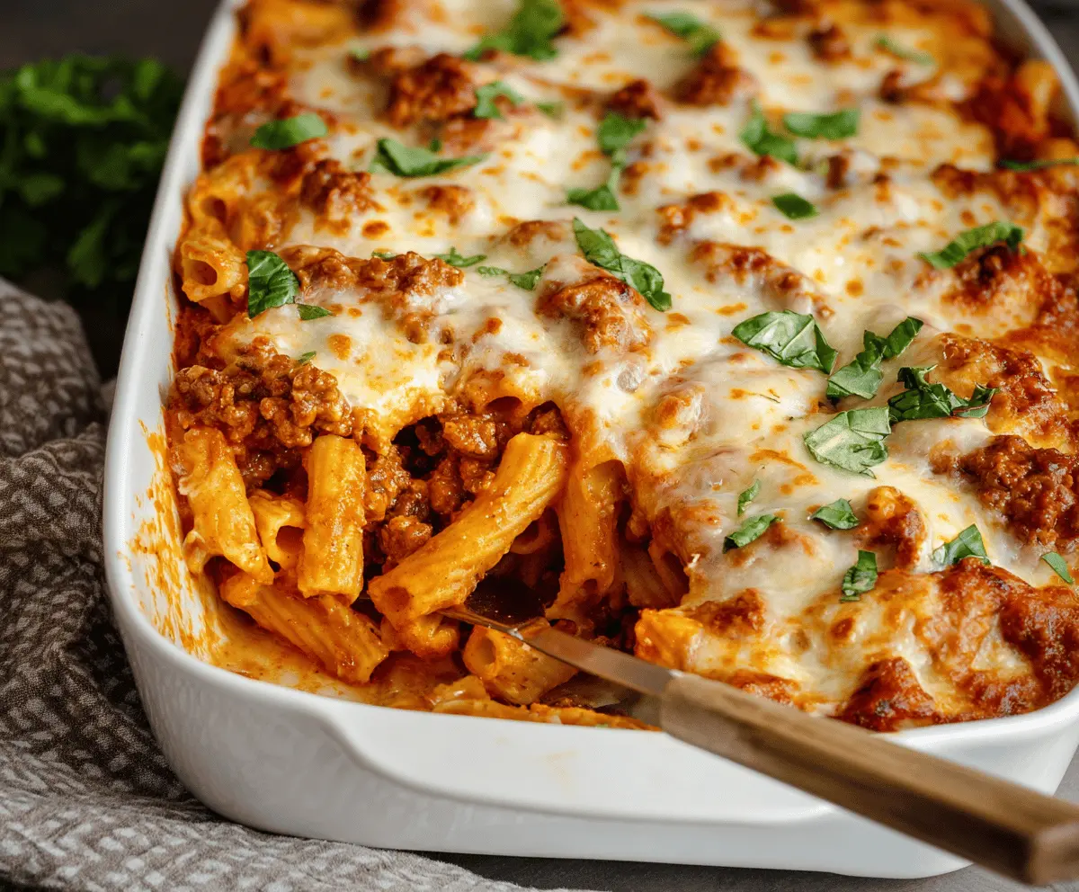 A bowl of ultimate creamy cheesy baked ziti garnished with fresh herbs, showcasing a hearty and delicious Italian pasta dish.