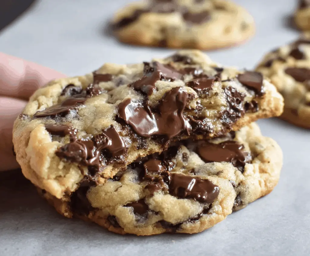 Ultra thick bakery-style chocolate chip cookies with crispy edges and gooey centers, fresh out of the oven.