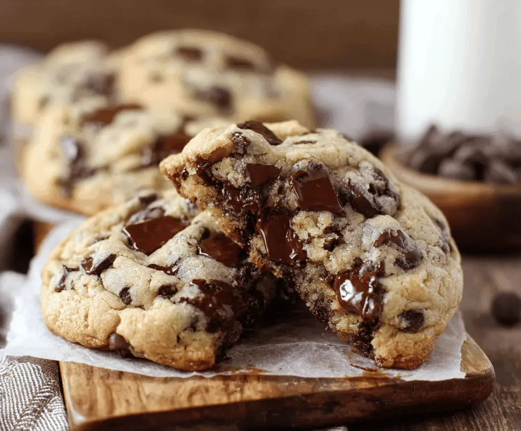 Delicious ultra-thick bakery-style chocolate chip cookies with crispy edges and gooey centers on a baking tray.