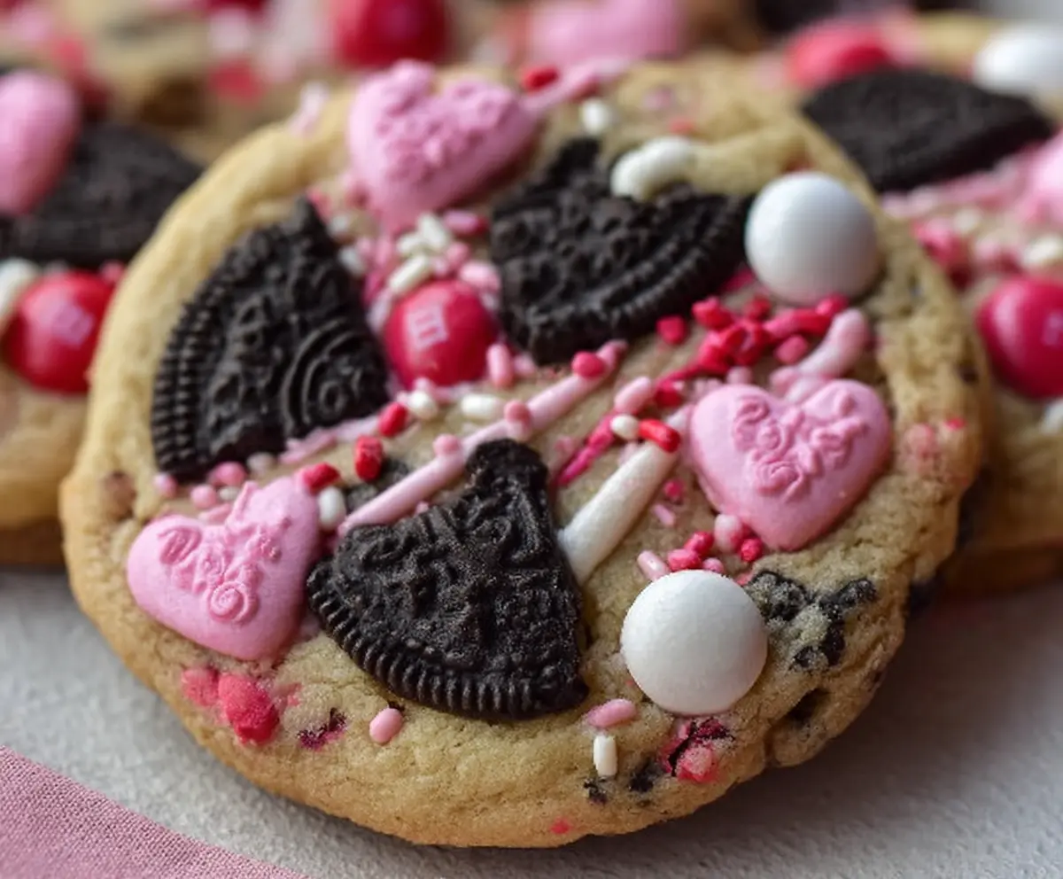 Delicious Valentine's Day Oreo M&M's cookies with colorful candies and chocolate layers.