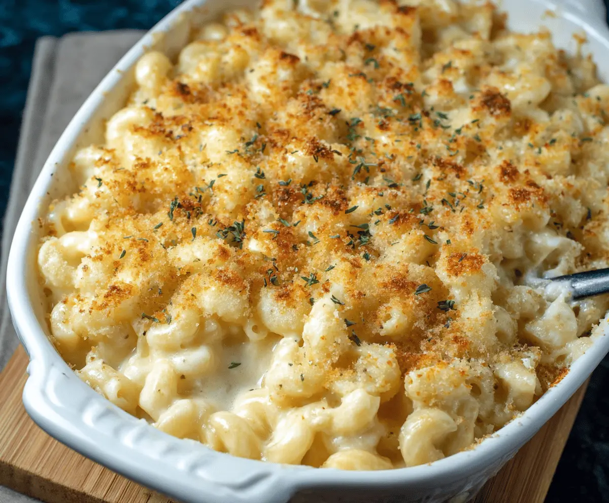 Creamy white truffle mac and cheese served in a rustic bowl, topped with grated cheese and fresh herbs.