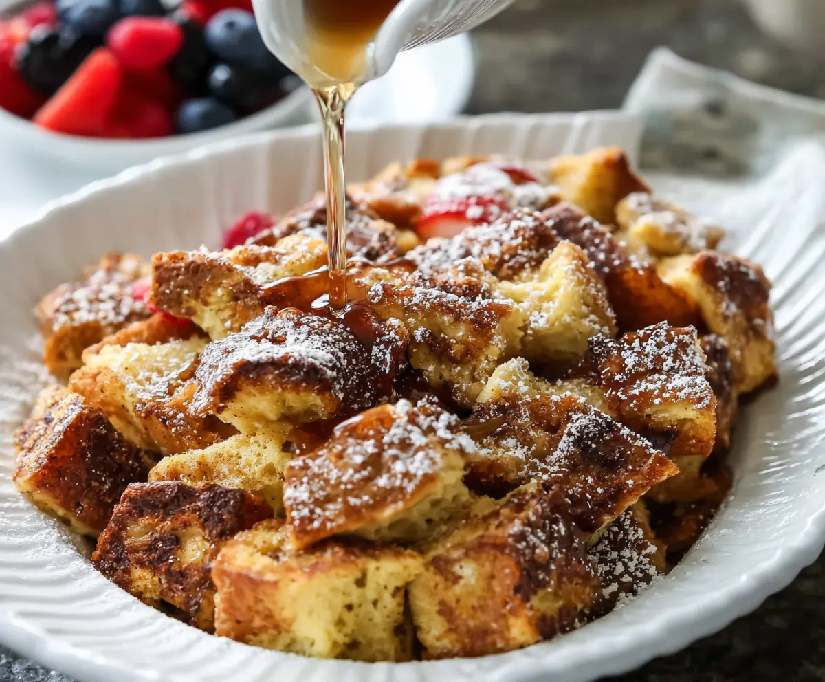 Delicious baked French toast casserole topped with powdered sugar and fresh berries for a perfect breakfast.