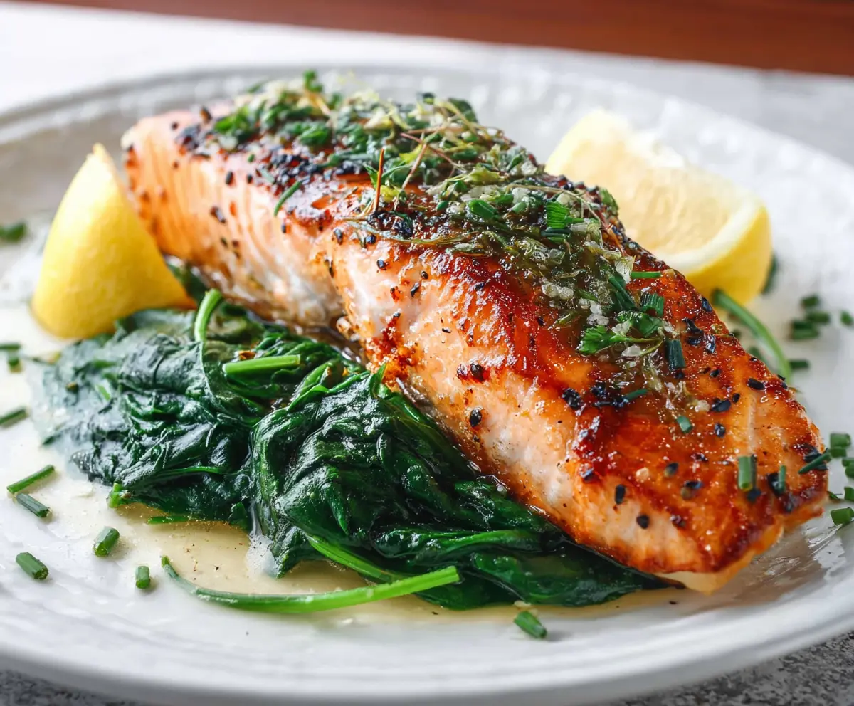 Delicious baked salmon fillet topped with fresh spinach for a healthy dinner.