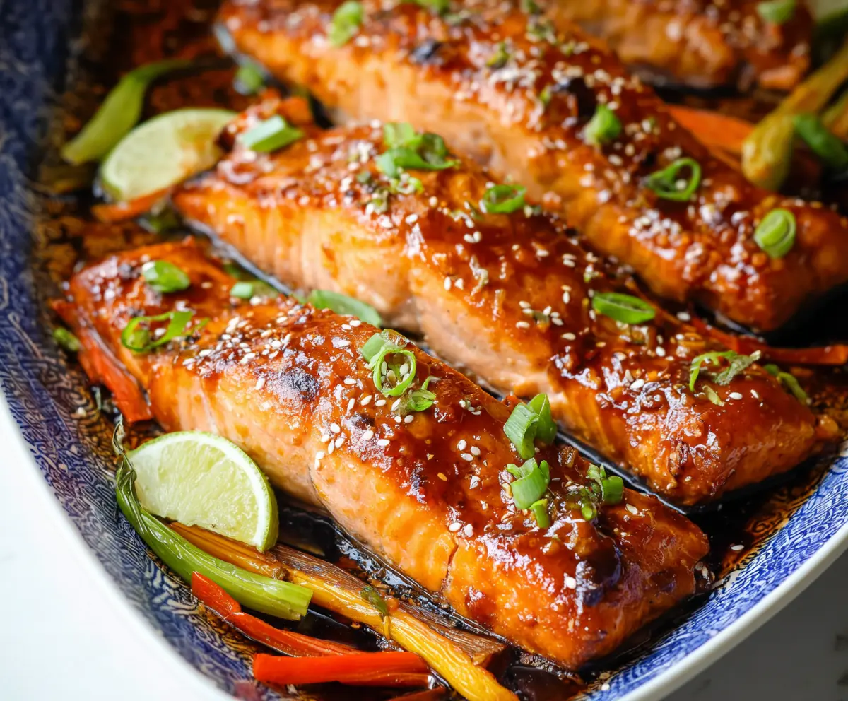 Delicious baked teriyaki salmon served with fresh vegetables on a white plate.