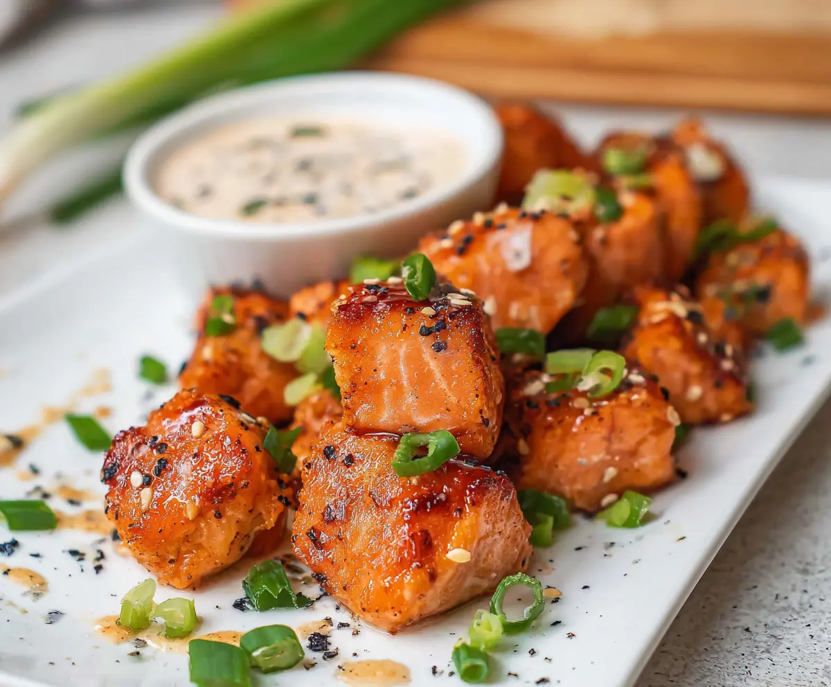 Delicious Bang Bang Salmon Bites served on a plate, air fryer salmon recipe for a crispy, spicy appetizer.
