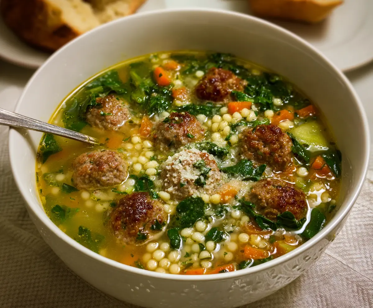Serving of Classic Italian Wedding Soup with meatballs, spinach, and pasta in a white bowl.