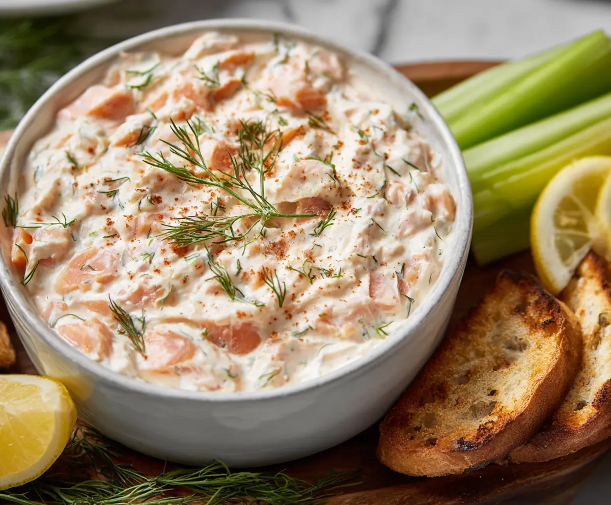 Creamy smoked salmon dip garnished with fresh lemon slices, perfect for appetizer or party spread.