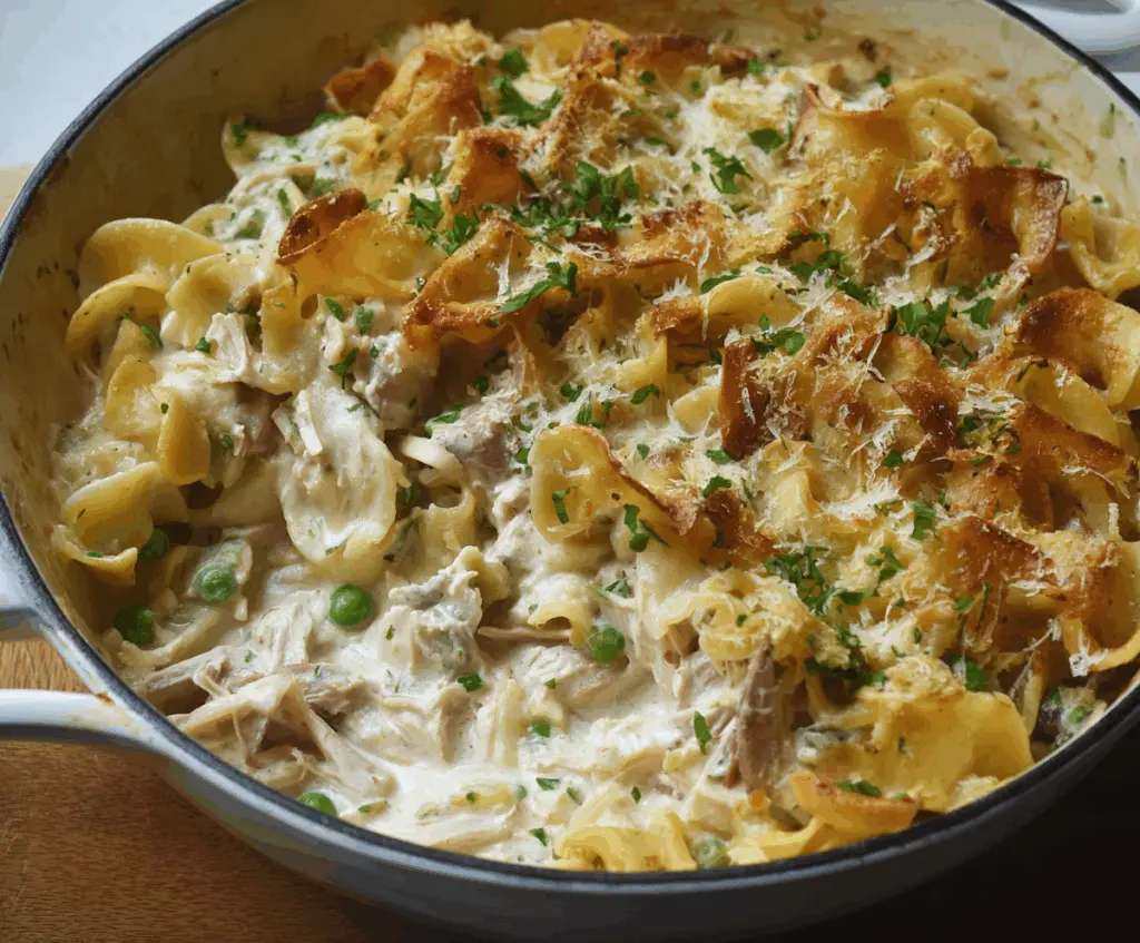 Delicious creamy tuna noodle casserole topped with melted cheese in a baking dish.