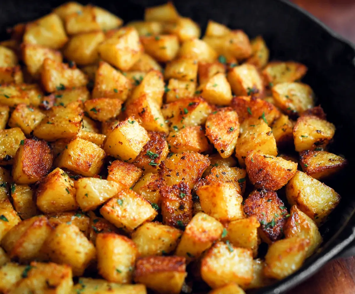 Delicious crispy breakfast potatoes served with herbs and seasoning.