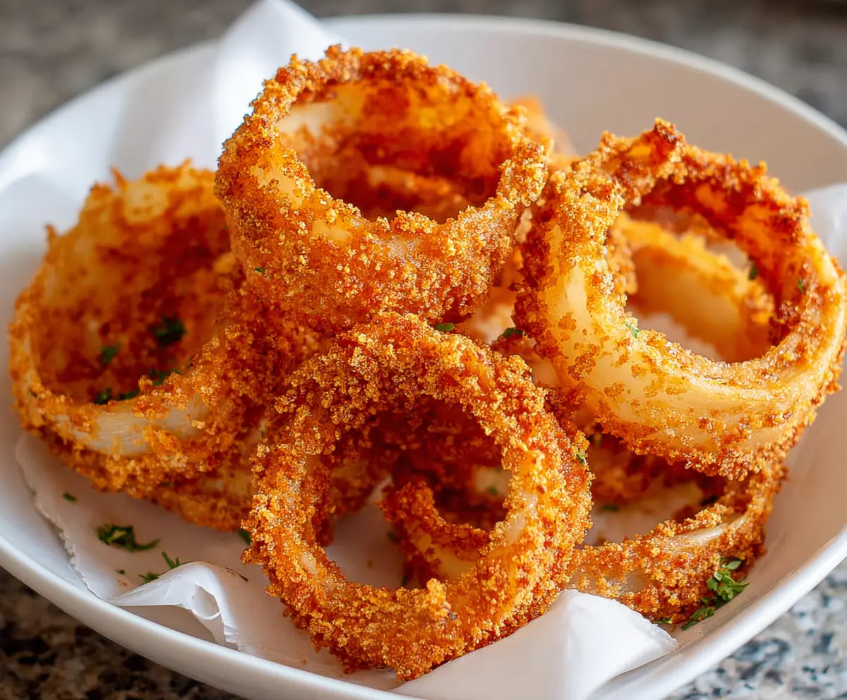 Golden crispy keto onion rings served as a low-carb appetizer, perfect for keto diet lovers.