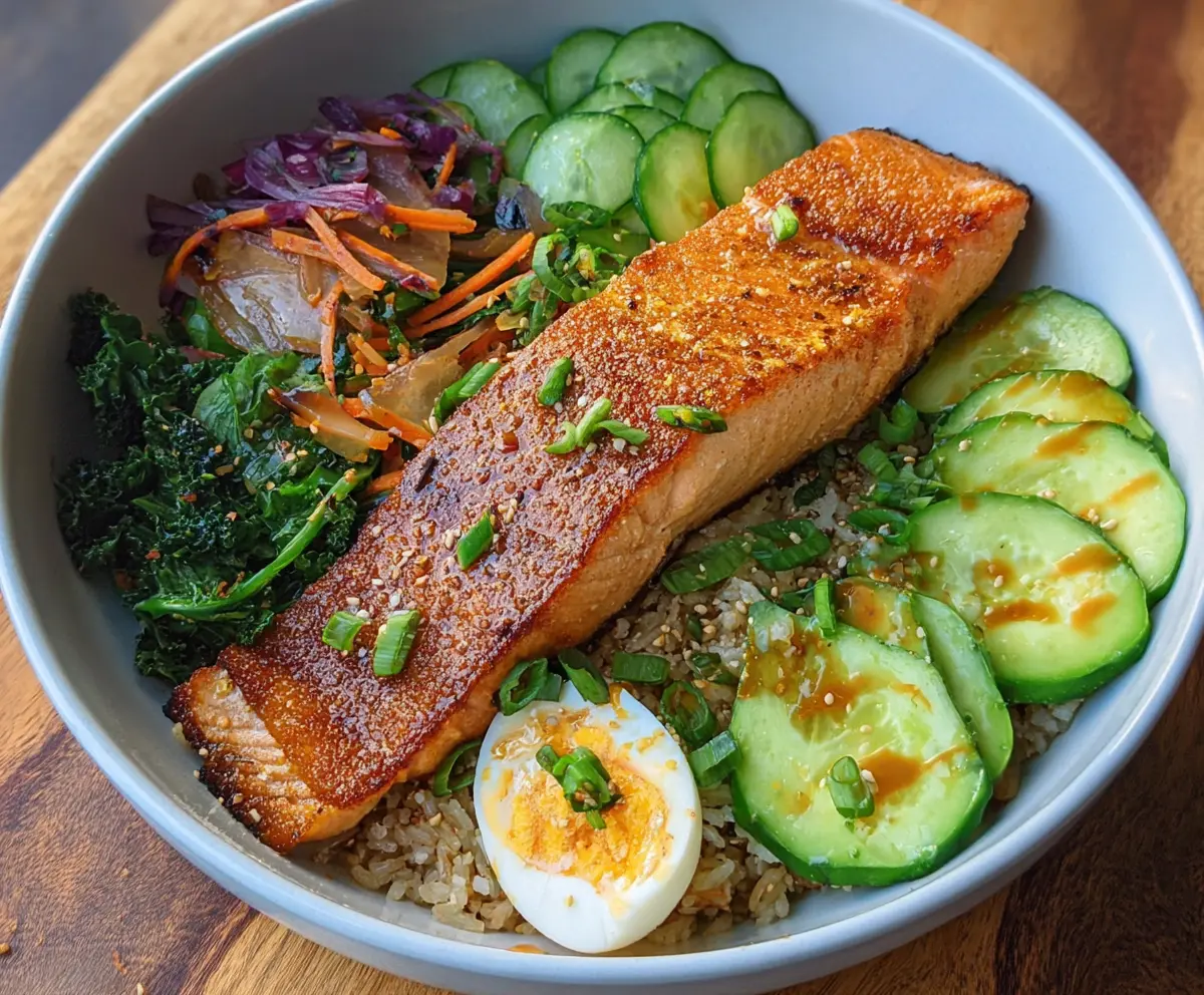 Delicious crispy salmon served over a rice bowl with fresh vegetables for a healthy meal