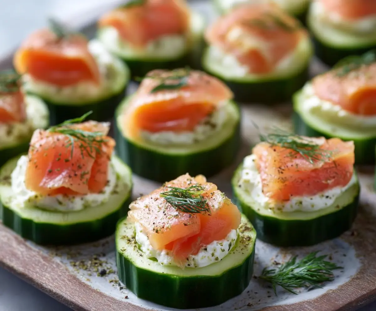 Delicious cucumber bites topped with smoked salmon and fresh herbs, perfect for appetizers.