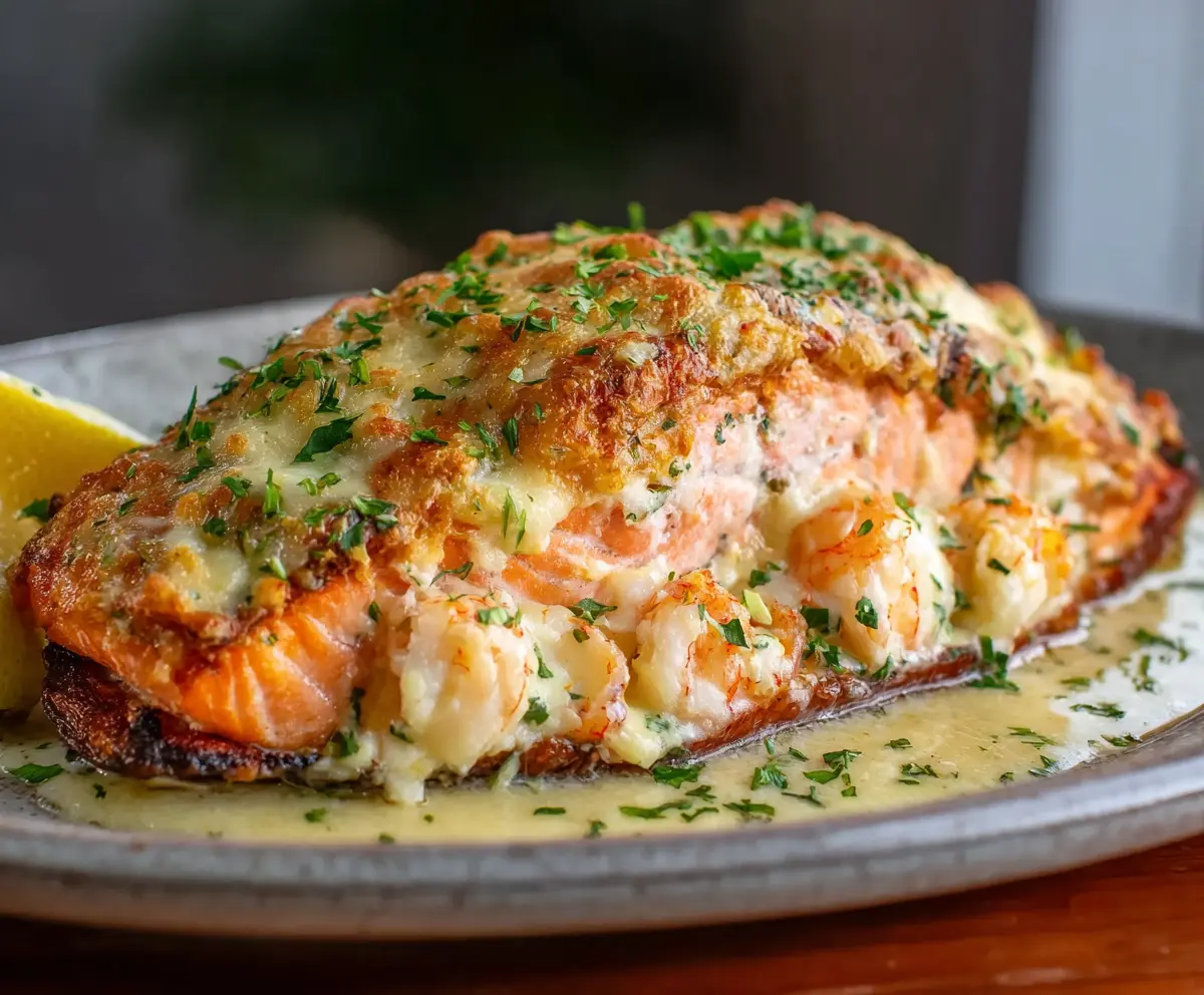 Close-up of a gourmet salmon fillet stuffed with crab and shrimp, garnished with herbs for a luxurious seafood dish.