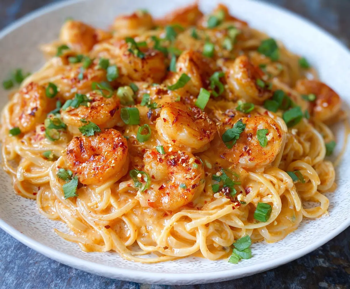 Delicious Easy Bang Bang Shrimp Pasta served in a white bowl with crispy shrimp and creamy sauce.