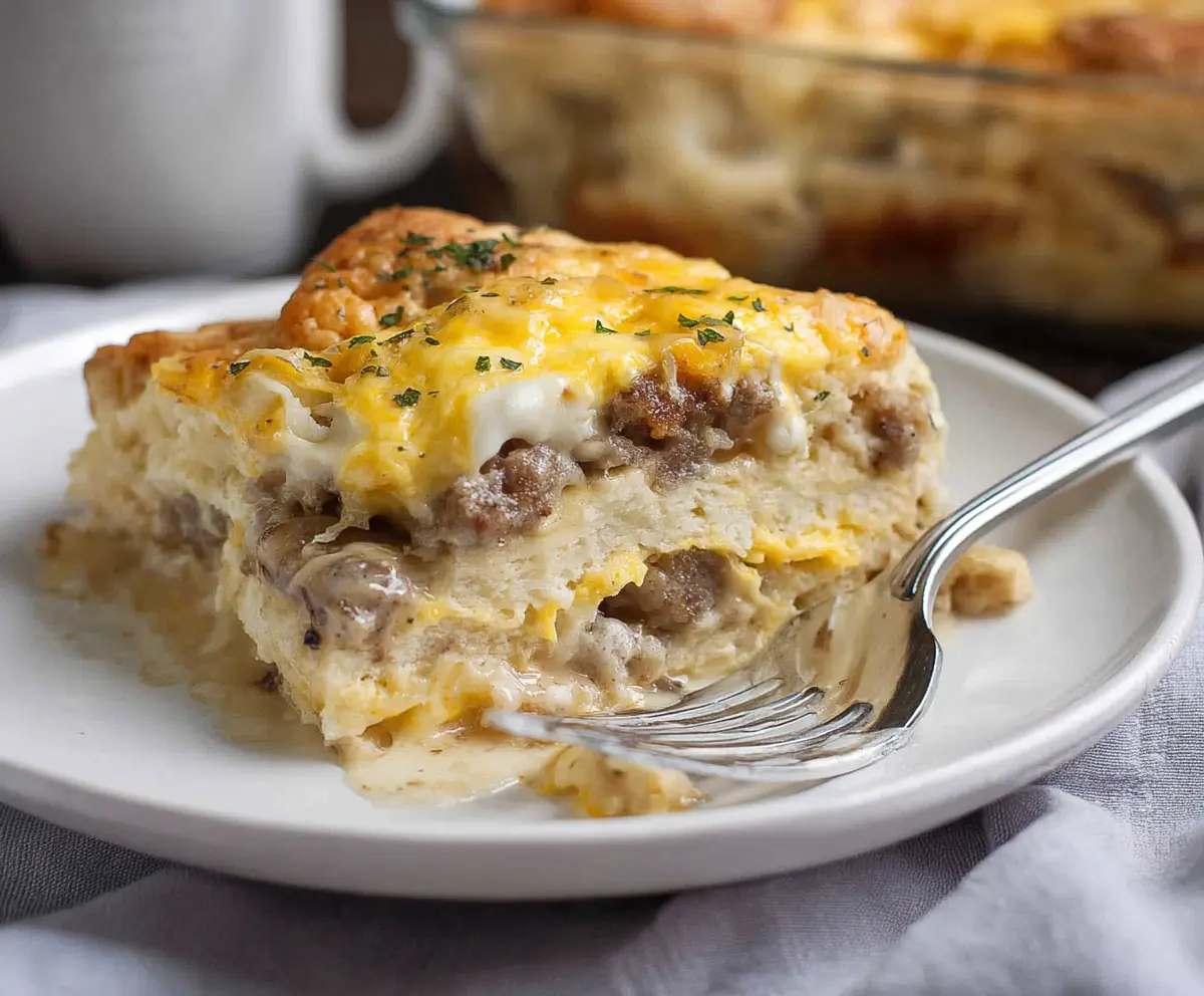 Delicious Easy Biscuits and Gravy Breakfast Casserole ready to serve for breakfast or brunch.