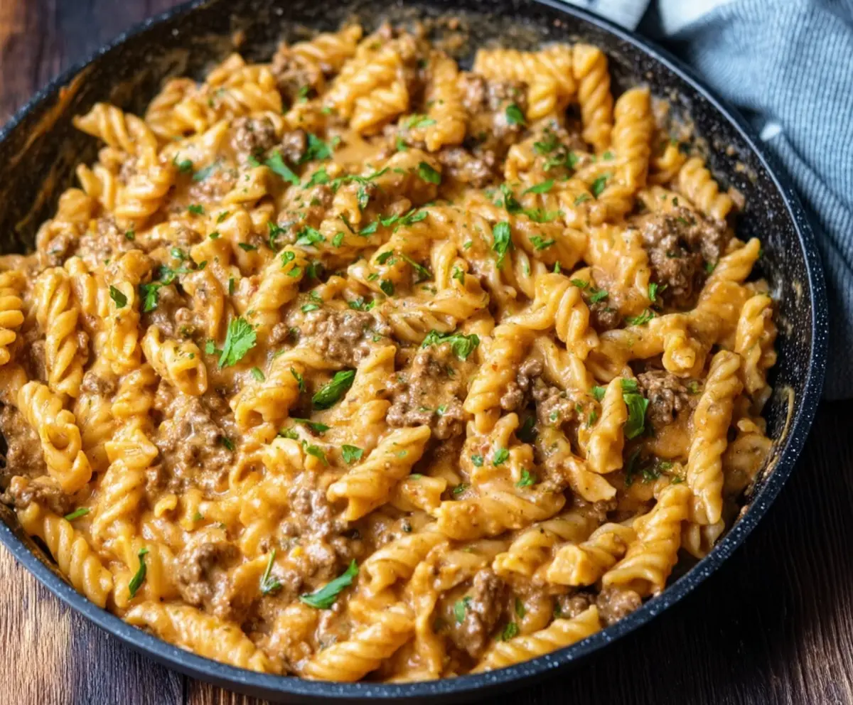 Creamy beef pasta dish featuring high-protein ingredients for a hearty meal