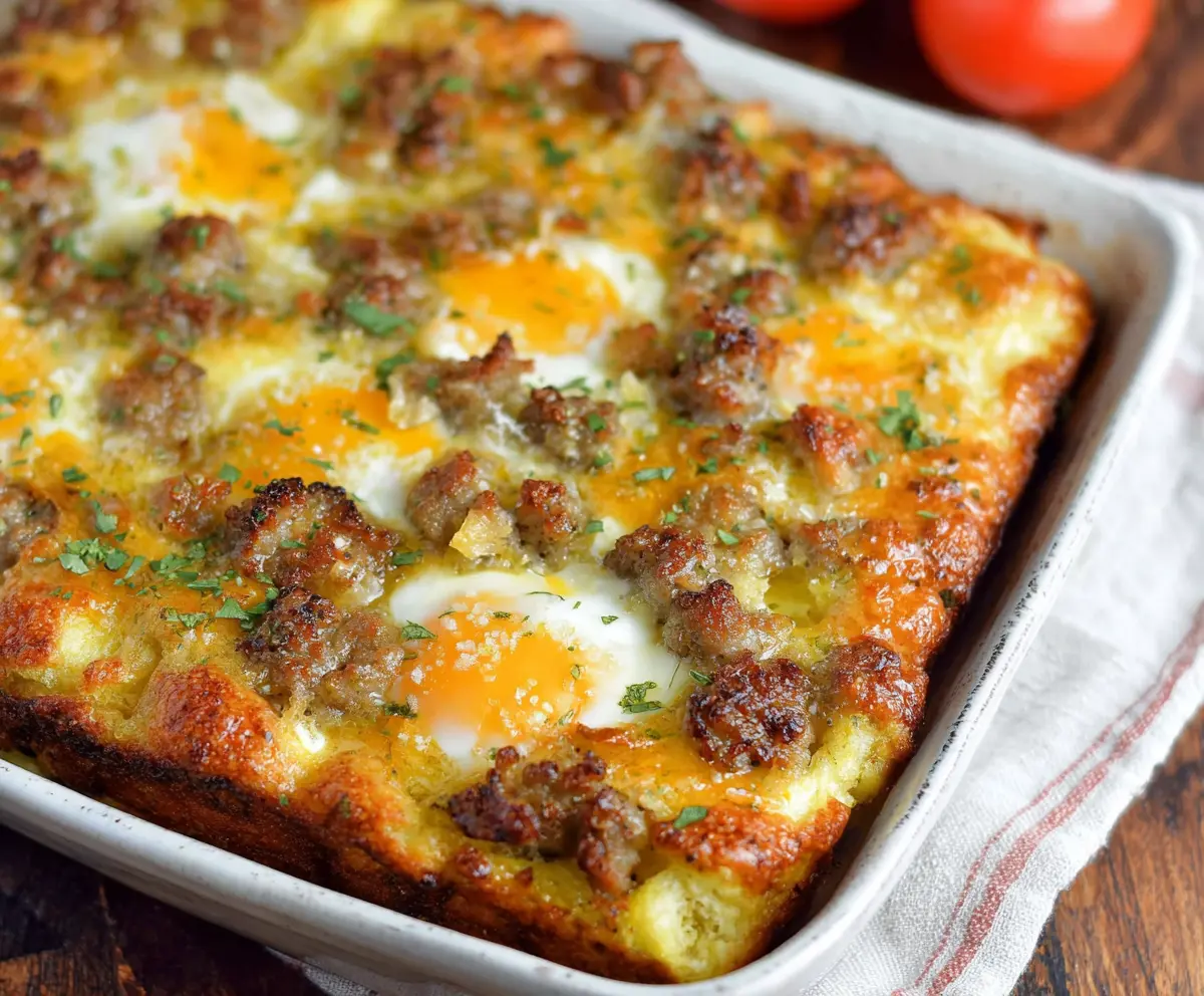 Delicious and easy sausage and egg casserole in a baking dish, perfect for breakfast or brunch.