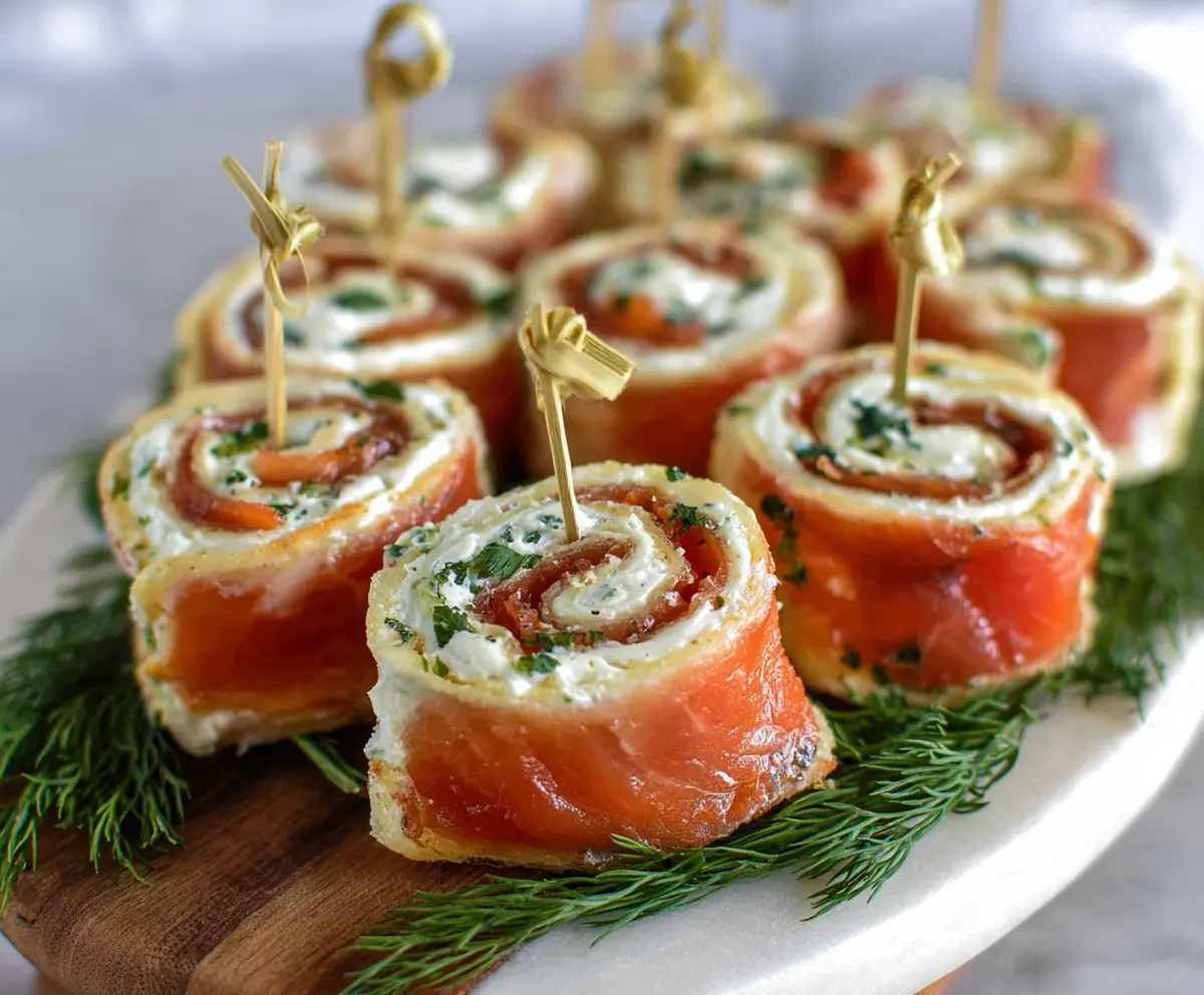Delicious smoked salmon pinwheels with cream cheese and herbs, perfect for party appetizers.