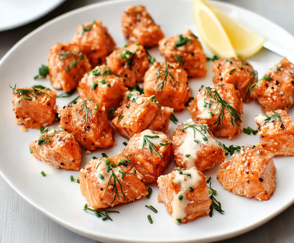 Delicious salmon bites plated with lemon and herbs for a quick, flavorful meal.