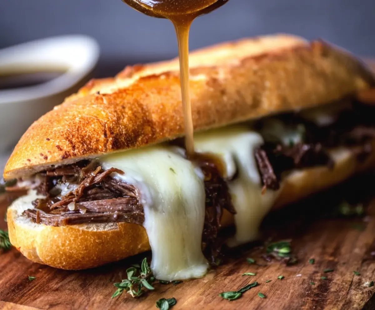 Delicious French Dip Sandwich Melt with tender roast beef and gooey cheese on a toasted bun.