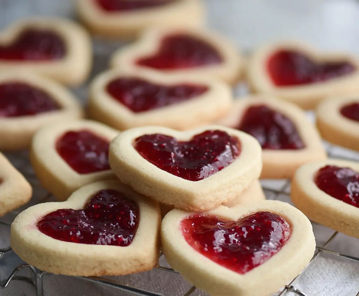 Delicious Valentine's Day Heart Jam Cookies decorated with red icing and sprinkles