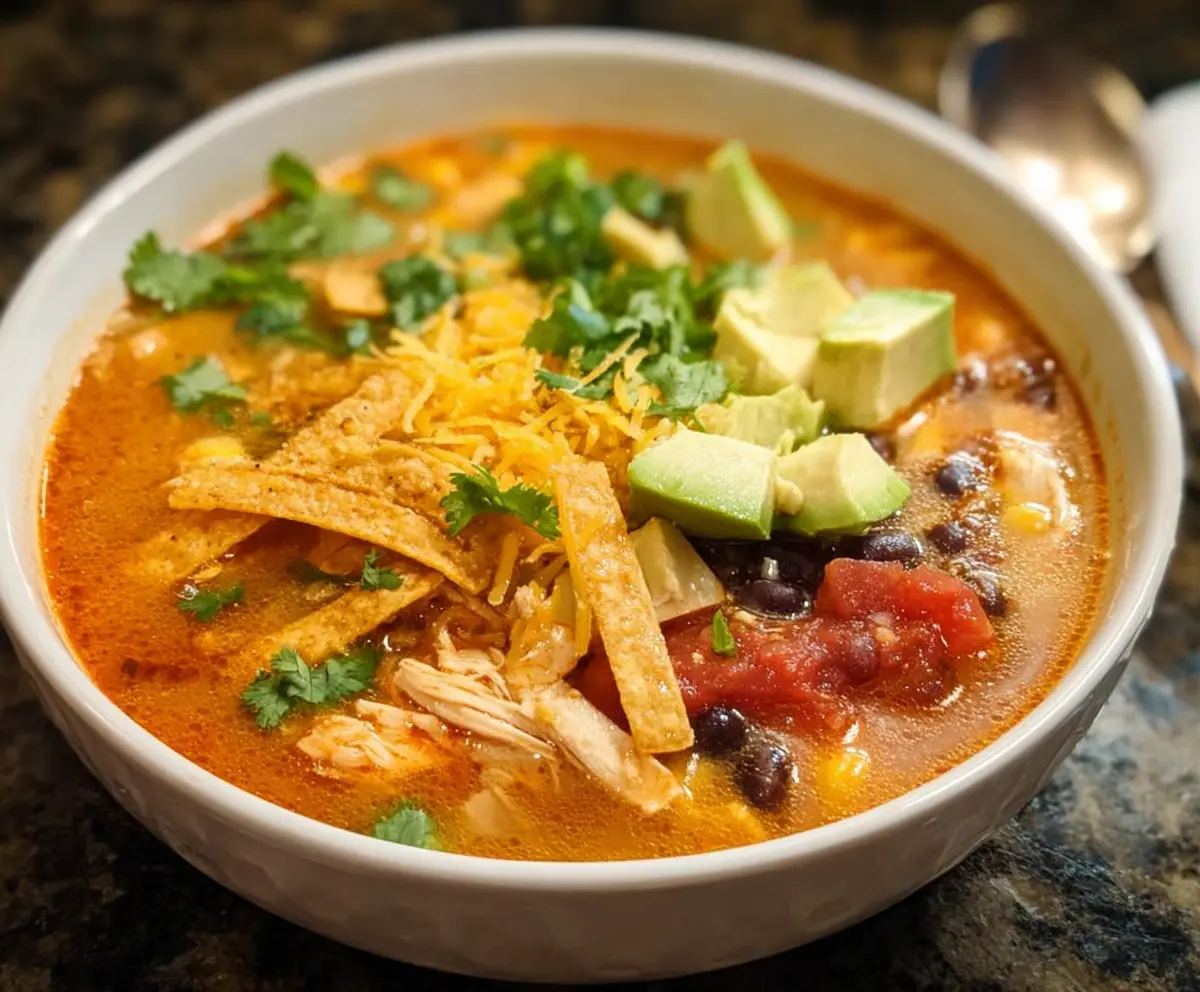 Bowl of homemade tortilla soup with fresh toppings and herbs
