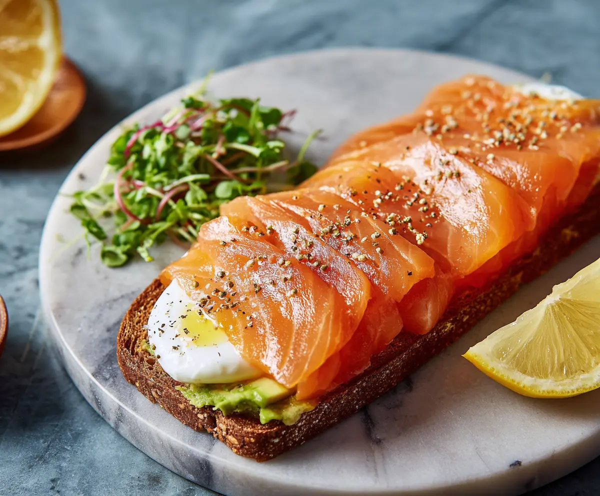 A close-up of irresistibly delicious smoked salmon slices garnished with fresh herbs on a rustic wooden platter.