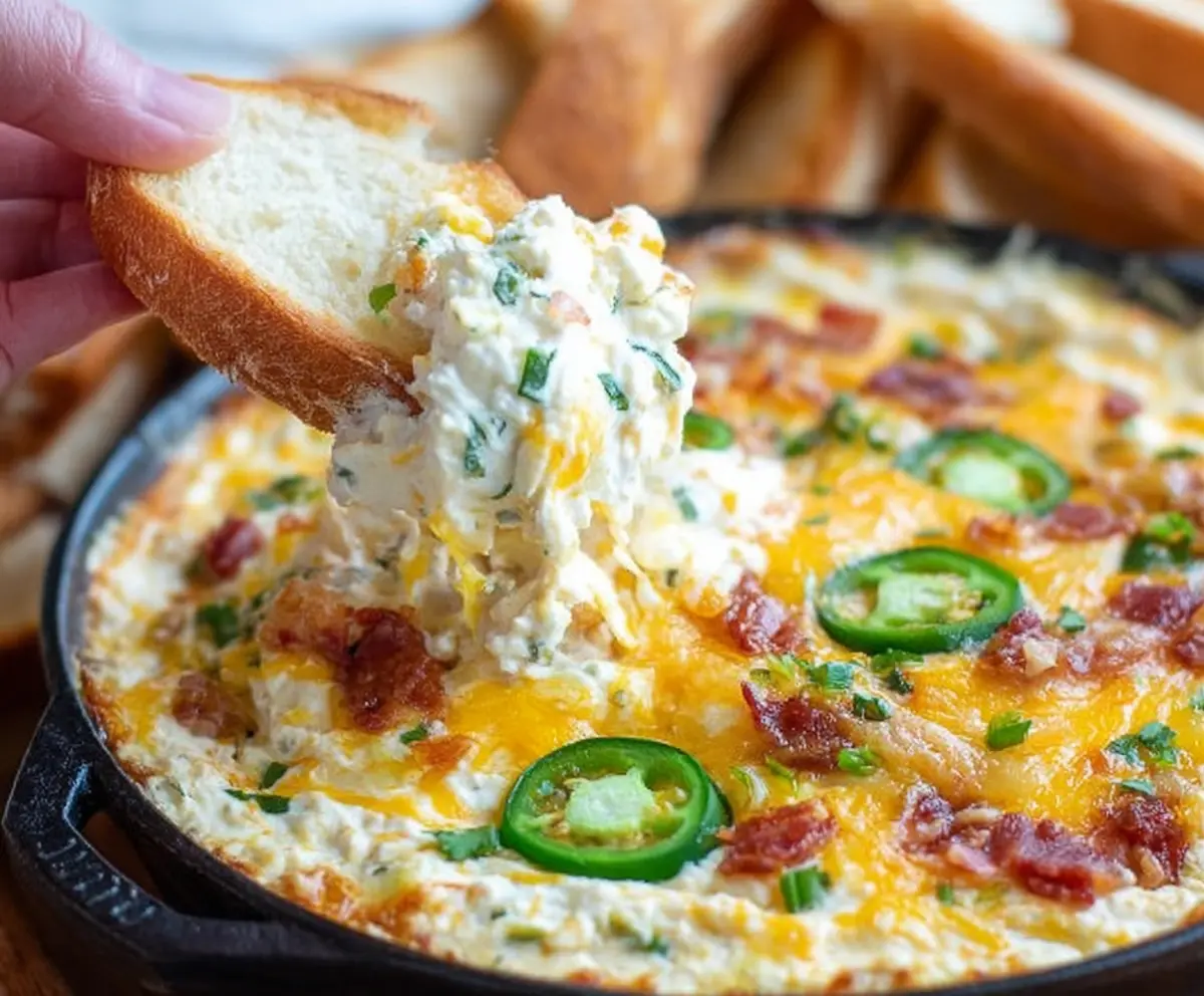 Creamy jalapeño popper dip topped with melted cheese and crispy bacon pieces.