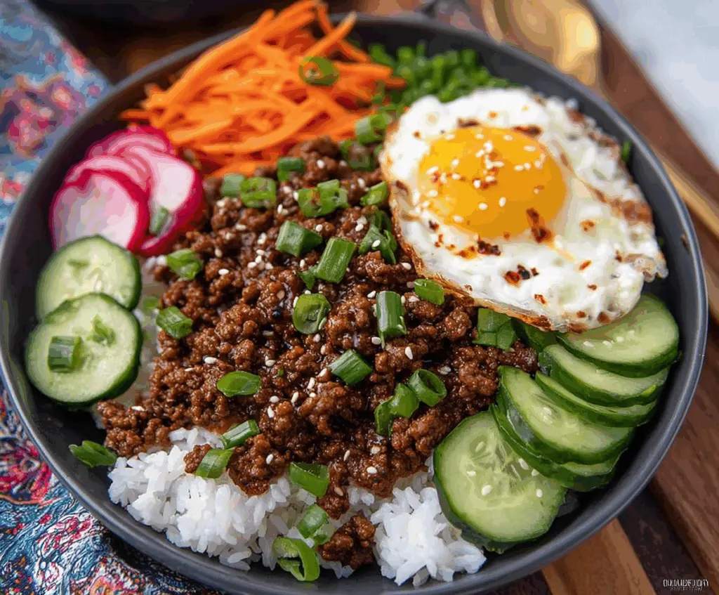 Delicious Korean Ground Beef Bowl served with rice, vegetables, and flavorful sauce.