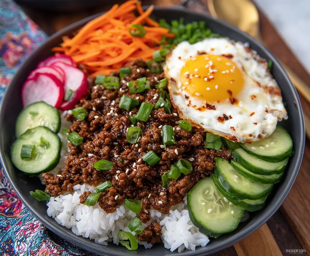 Delicious Korean Ground Beef Bowl served with rice, vegetables, and flavorful sauce.