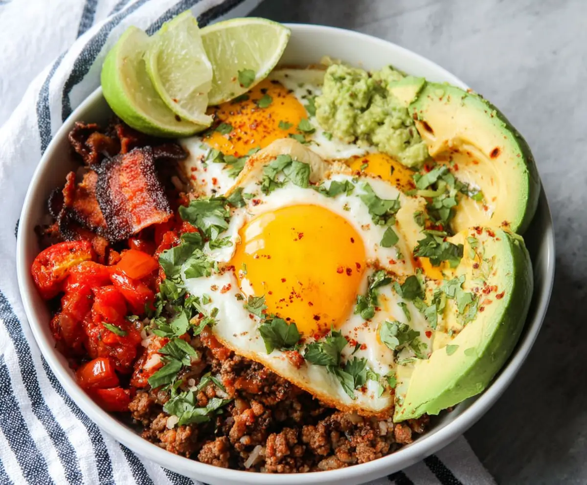 Delicious low carb breakfast burrito bowl with scrambled eggs, avocado, and cheese in a bowl.