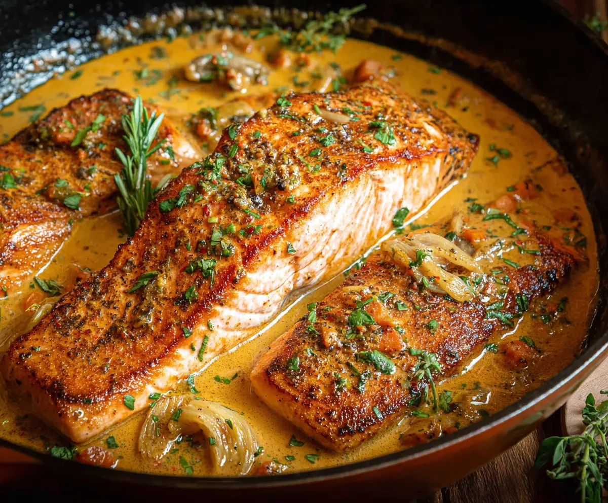 Delicious Marry Me Salmon Recipe served with fresh herbs and lemon slices.