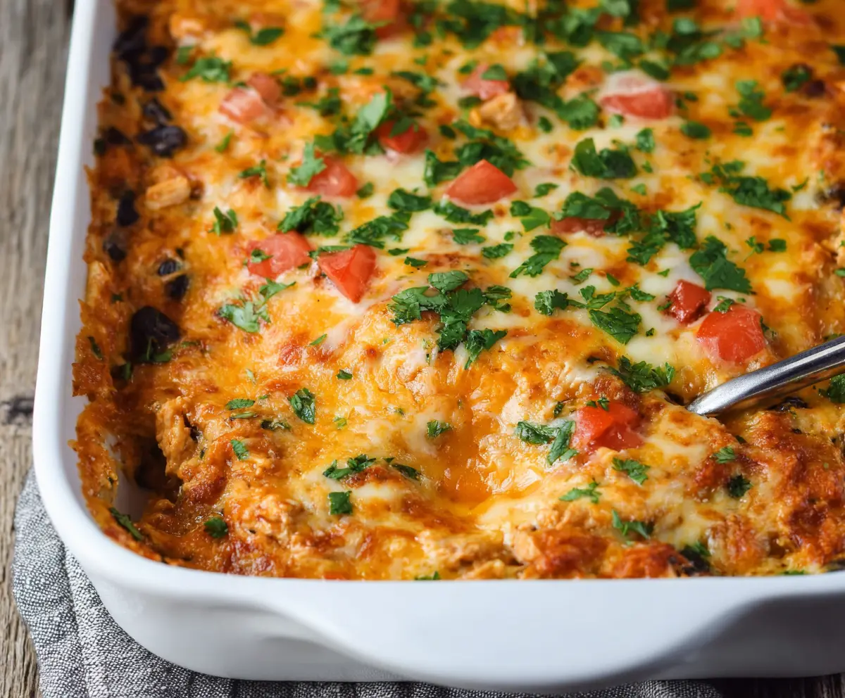 Delicious Mexican Chicken Casserole topped with melted cheese and fresh herbs, served in a baking dish.