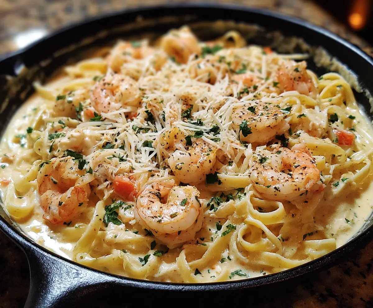 Creamy One Pot Shrimp and Crab Alfredo in a skillet with fresh herbs