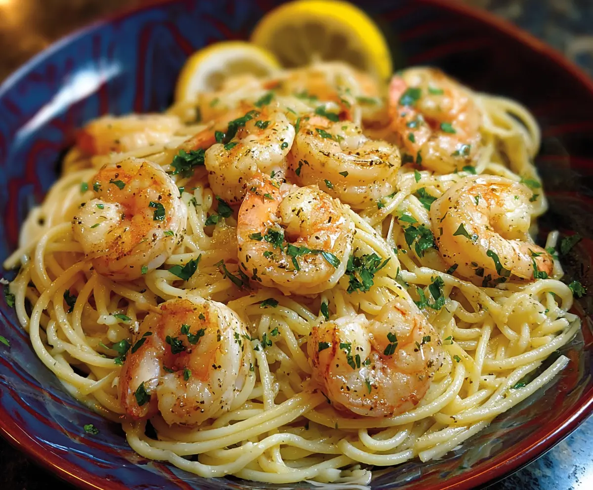 Delicious shrimp scampi dish served with lemon and parsley on a white plate, perfect for any occasion.